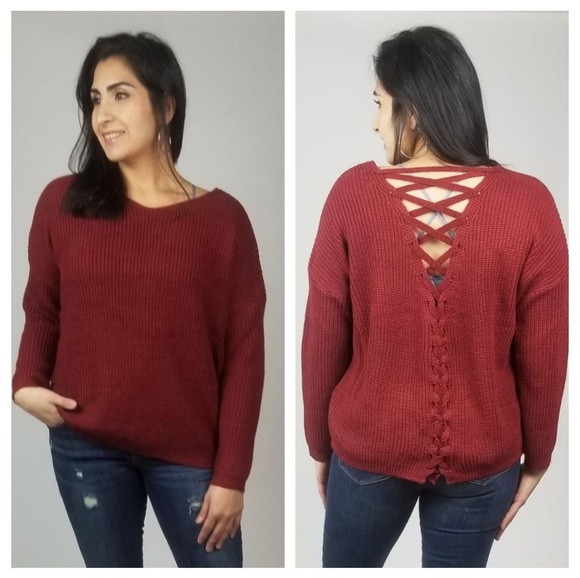 Back Lace-up Ribbed Sweater - Picture 1 of 3